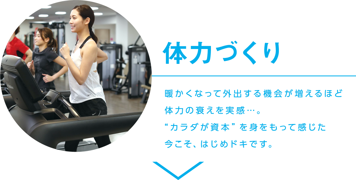 体力づくり 暖かくなって外出する機会が増えるほど体力の衰えを実感…。“カラダが資本”を身をもって感じた今こそ、はじめドキです。