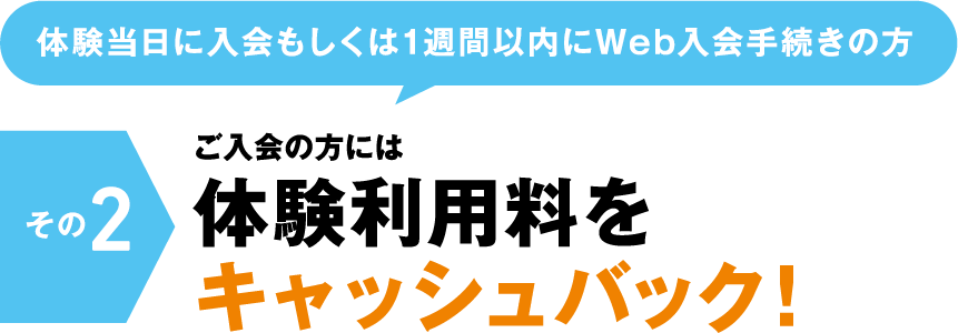 体験当日に入会もしくは1週間以内にWeb入会手続きの方 その2 ご入会の方には体験利用料をキャッシュバック！