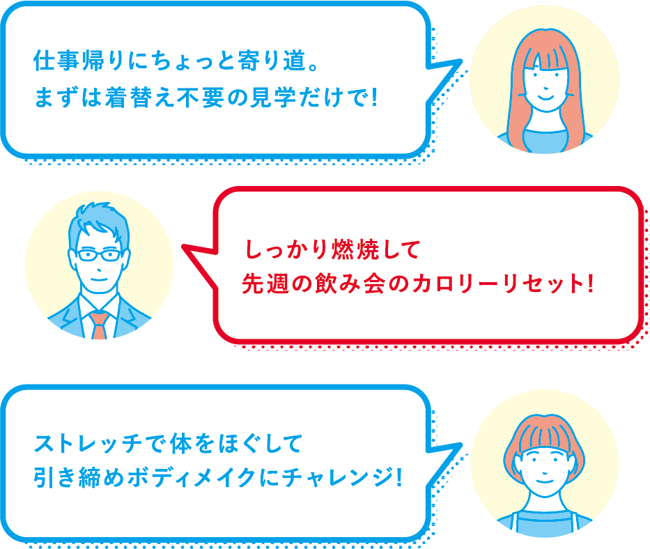 仕事帰りにちょっと寄り道。まずは着替え不要の見学だけで! しっかり燃焼して先週の飲み会のカロリーリセット! ストレッチで体をほぐして引き締めボディメイクにチャレンジ!