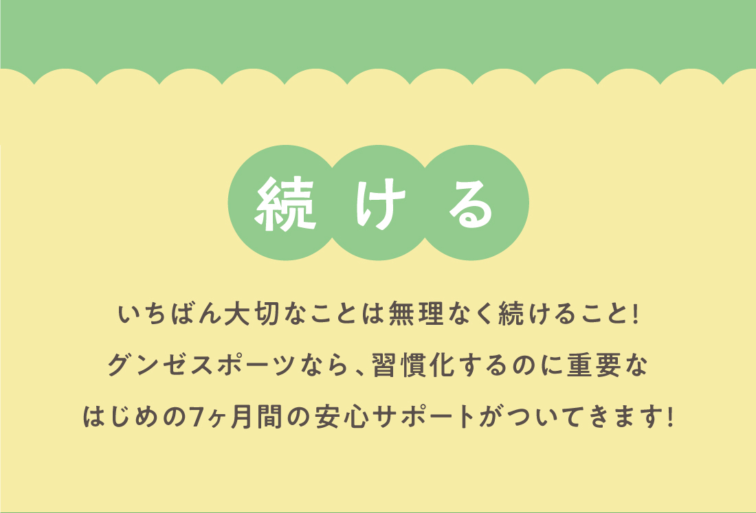 続ける いちばん大切なことは無理なく続けること！ グンゼスポーツなら、習慣化するのに重要なはじめの7ヶ月間の安心サポートがついてきます！