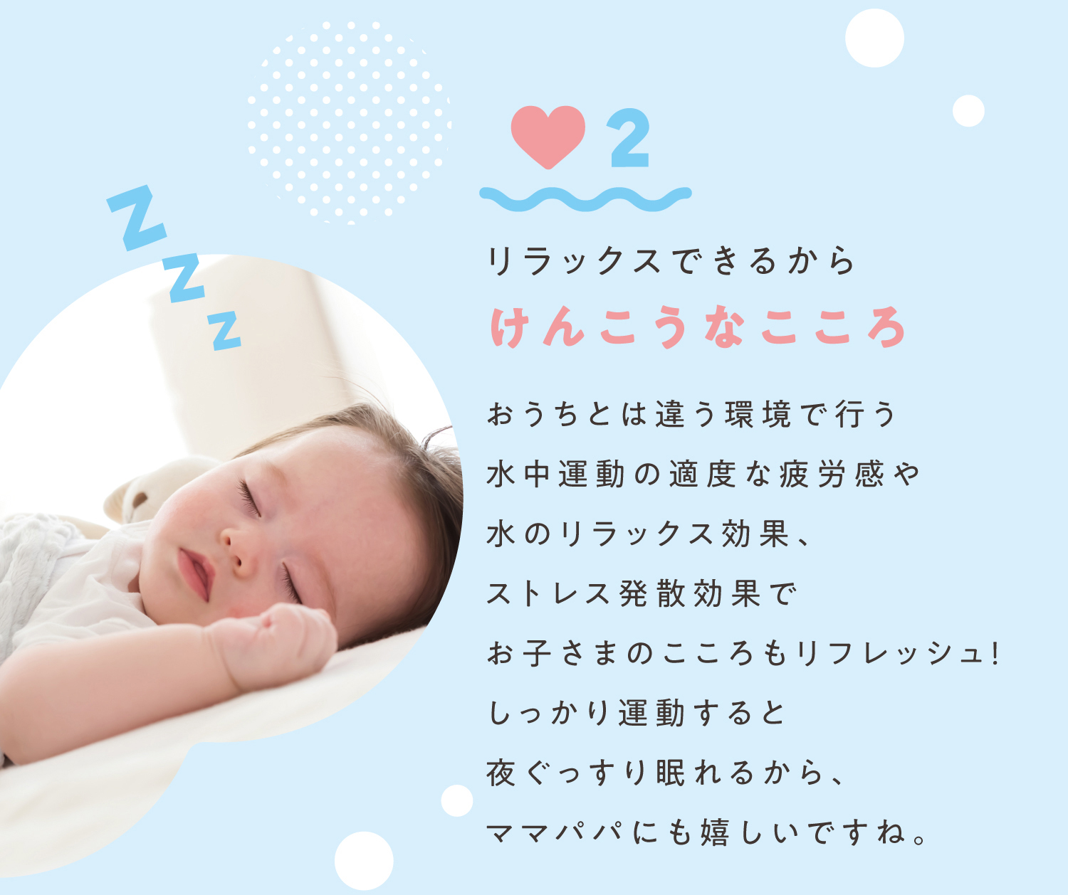 2.リラックスできるからけんこうなこころおうちとは違う環境で行う水中運動の適度な疲労感や水のリラックス効果、ストレス発散効果でお子さまのこころもリフレッシュ！しっかり運動すると夜ぐっすり眠れるから、ママパパにも嬉しいですね。
