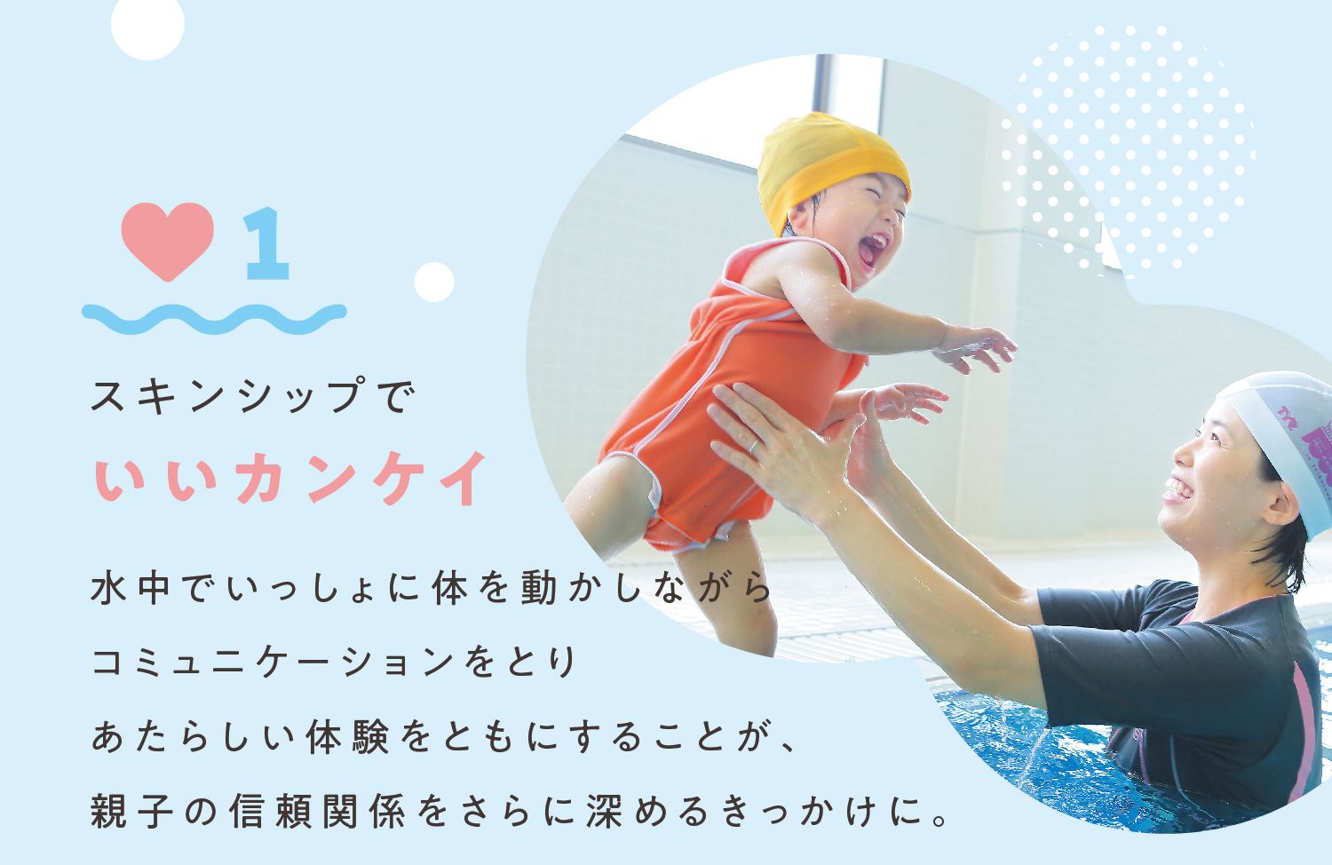 1.スキンシップでいいカンケイ水中でいっしょに体を動かしながらコミュニケーションをとりあたらしい体験をともにすることが、親子の信頼関係をさらに深めるきっかけに。