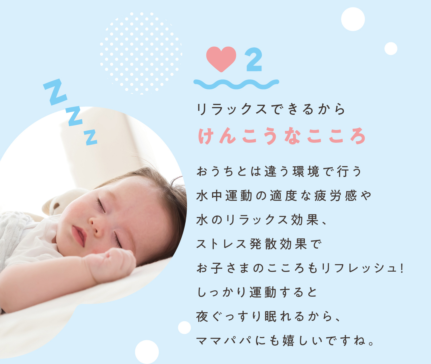 2.リラックスできるからけんこうなこころおうちとは違う環境で行う水中運動の適度な疲労感や水のリラックス効果、ストレス発散効果でお子さまのこころもリフレッシュ！しっかり運動すると夜ぐっすり眠れるから、ママパパにも嬉しいですね。
