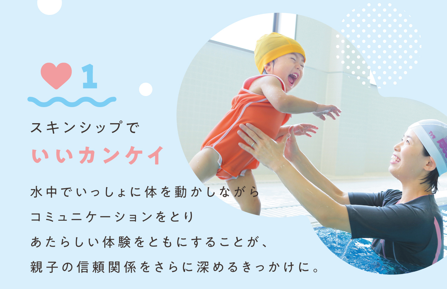 1.スキンシップでいいカンケイ水中でいっしょに体を動かしながらコミュニケーションをとりあたらしい体験をともにすることが、親子の信頼関係をさらに深めるきっかけに。