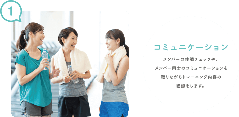 1 コミュニケーション メンバーの体調チェックやメンバー同士のコミュニケーションを取りながらトレーニング内容の確認をします。