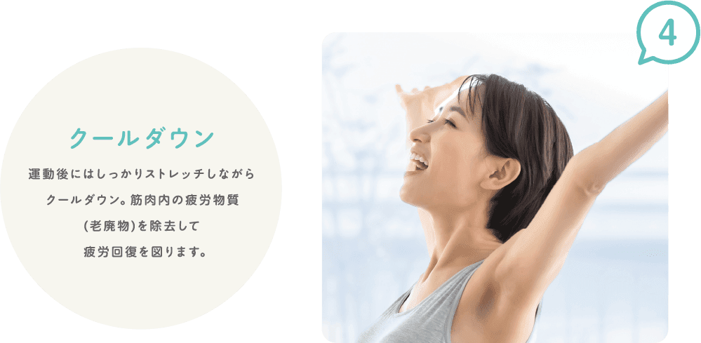 4 クールダウン 運動後にはしっかりストレッチしながらクールダウン。筋肉内の疲労物質（老廃物）を除去して疲労回復を図ります。