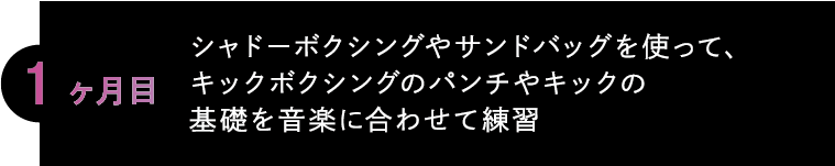 1ヶ月目 シャドーボクシングやサンドバッグを使って、キックボクシングのパンチやキックの基礎を音楽に合わせて練習