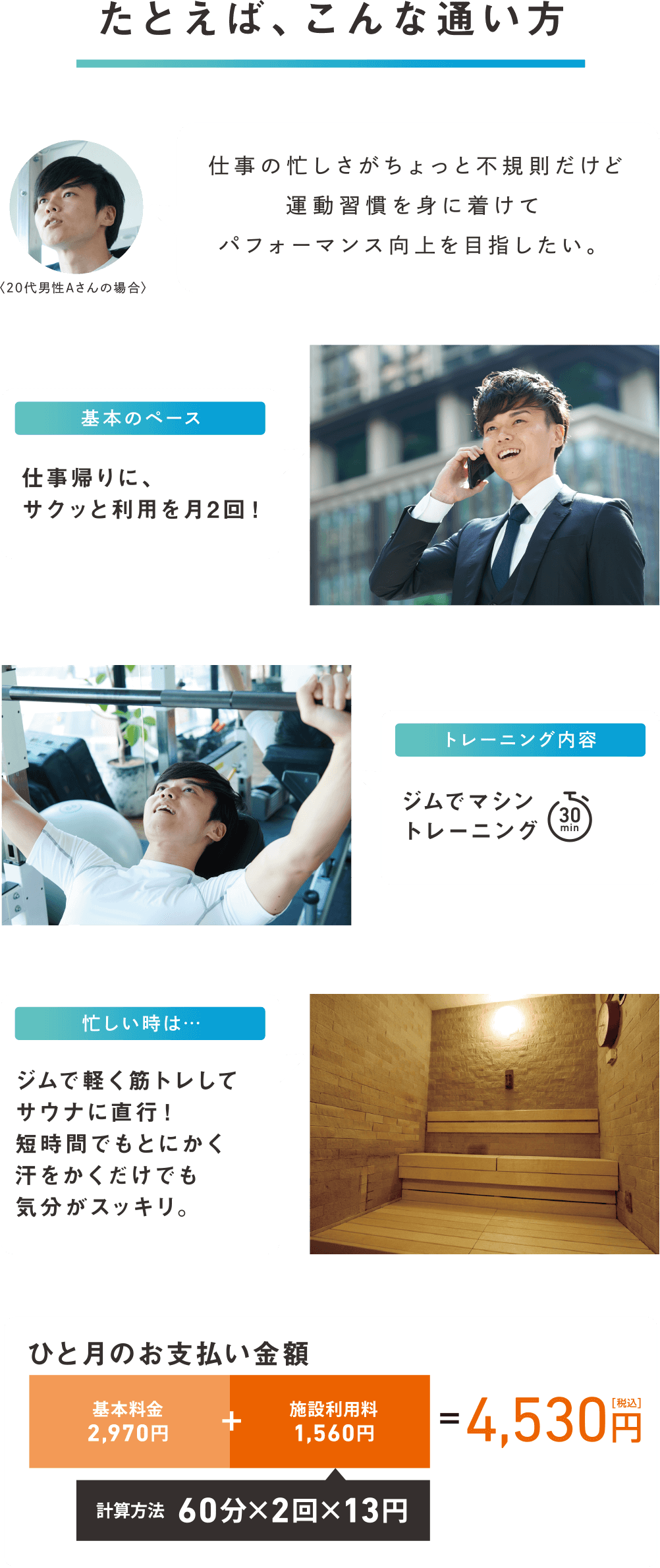 たとえば、こんな通い方 仕事の忙しさがちょっと不規則だけど運動習慣を身に着けてパフォーマンス向上を目指したい。