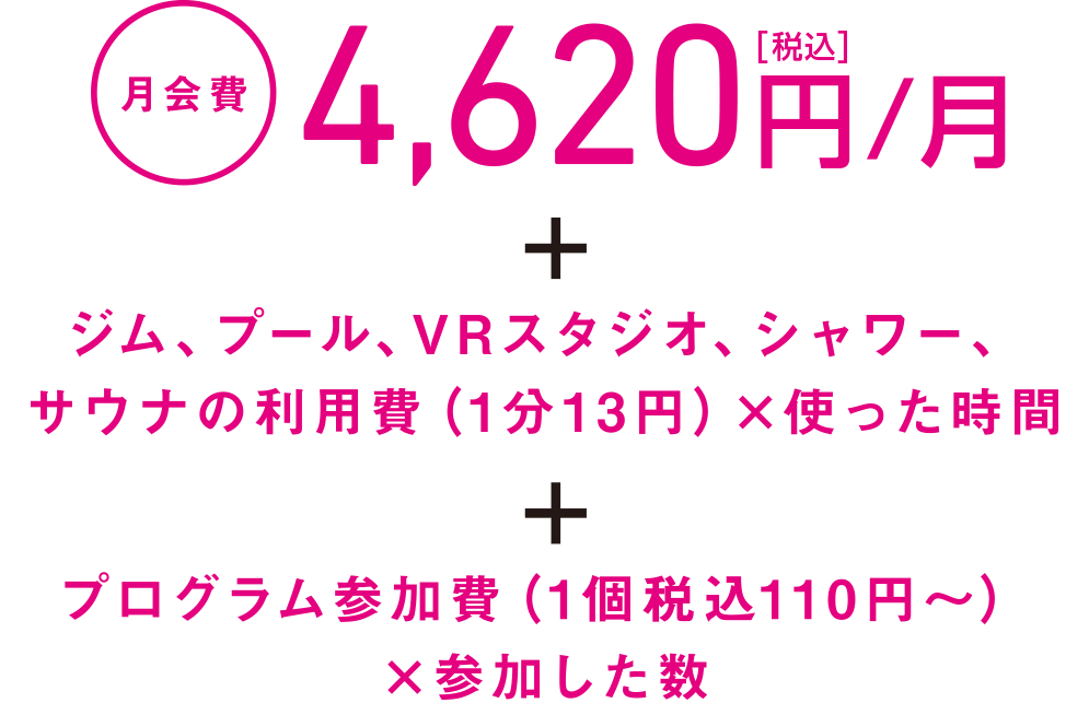 月会費4,620円/月[税込] ※利用時間に応じて、別途施設利用料が必要となります