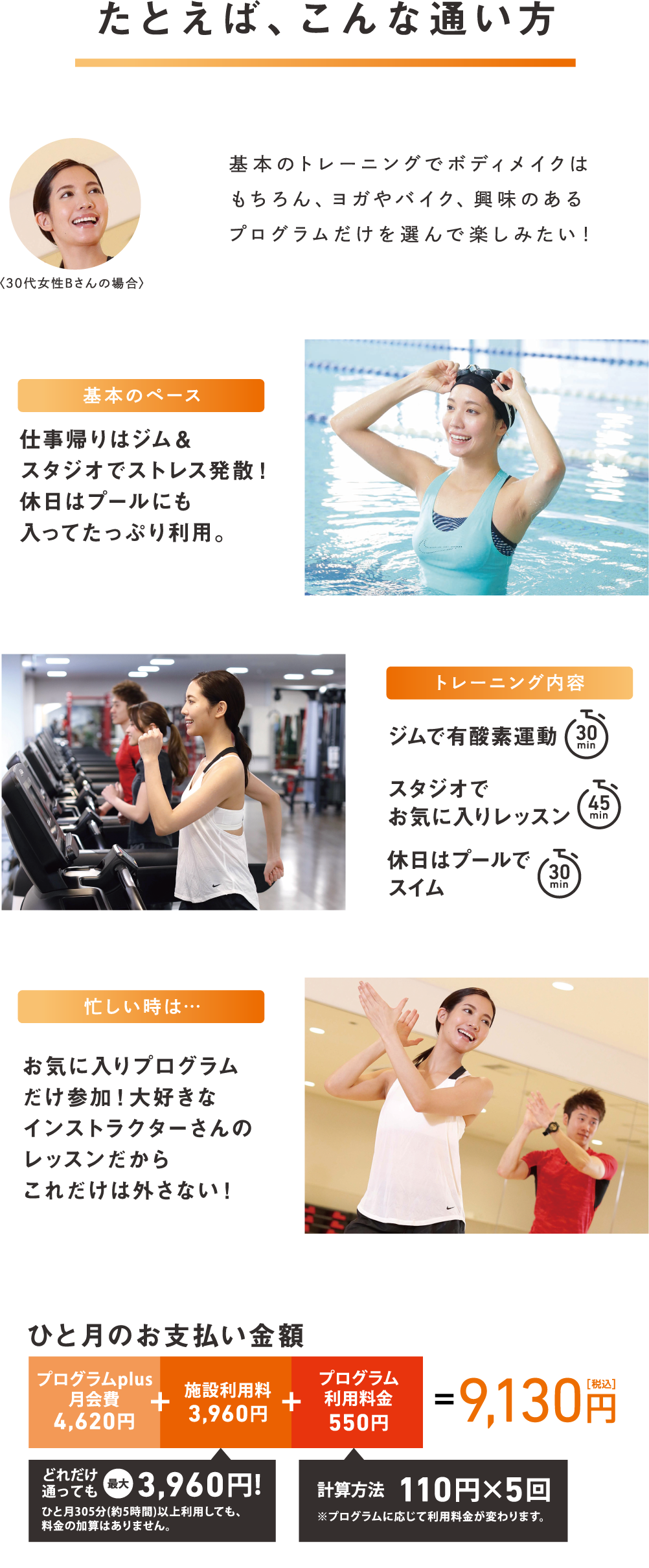 たとえば、こんな通い方 基本のトレーニングでボディメイクはもちろん、ヨガやバイク、興味のあるプログラムだけを選んで楽しみたい！
