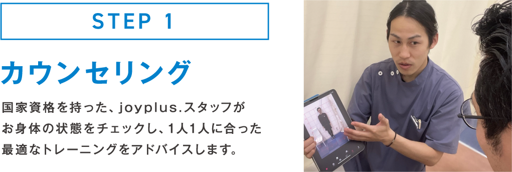 STEP 1 カウンセリング 国家資格を持った、joyplus.スタッフがお身体の状態をチェックし、1人1人に合った最適なトレーニングをアドバイスします。