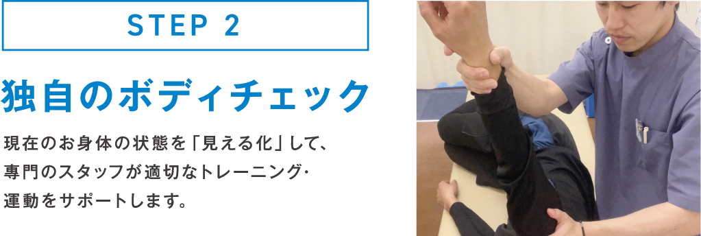 STEP 2 独自のボディチェック 現在のお身体の状態を「見える化」して、專門のスタッフが適切なトレーニング･運動をサポートします。