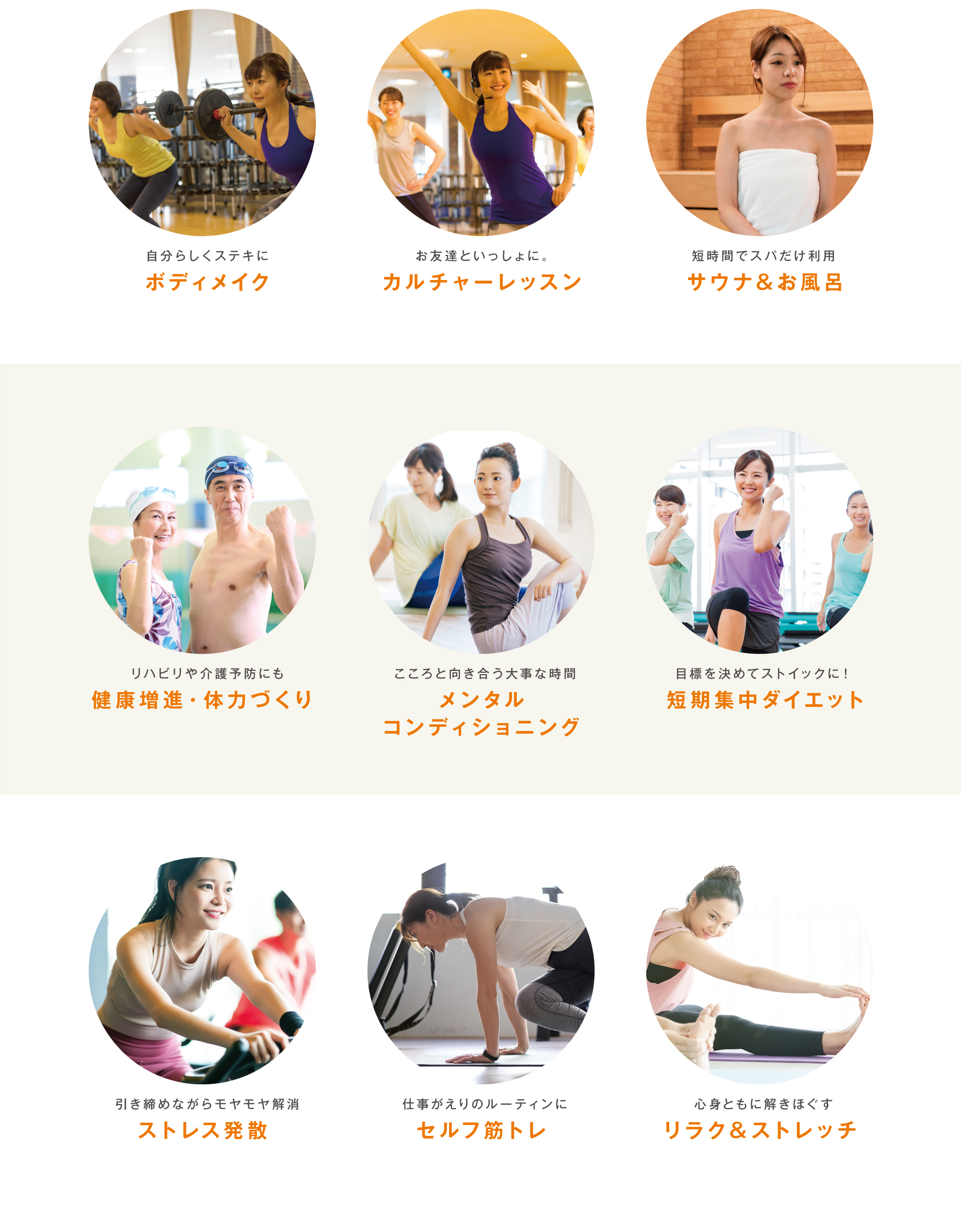 ボディメイク、カルチャーレッスン、サウナ＆お風呂、健康増進・体力づくり、メンタル
コンディショニング、短期集中ダイエット、ストレス発散、セルフ筋トレ、リラク＆ストレッチ