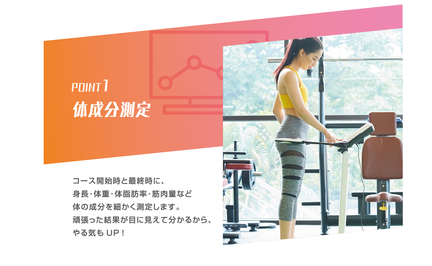 POINT1 体成分測定 コース開始時と最終時に、身長･体重･体脂肪率･筋肉量など体の成分を細かく測定します。頑張った結果が目に見えて分かるから、やる気もUP！