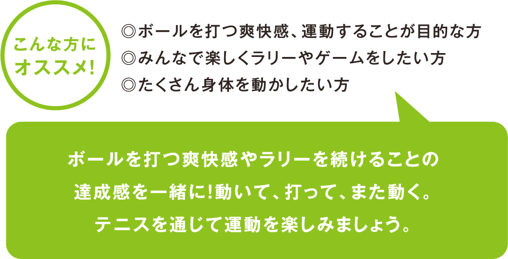 ボールを打つ爽快感やラリーを続けることの達成感を一緒に！動いて、打って、また動く。テニスを通じて運動を楽しみましょう。